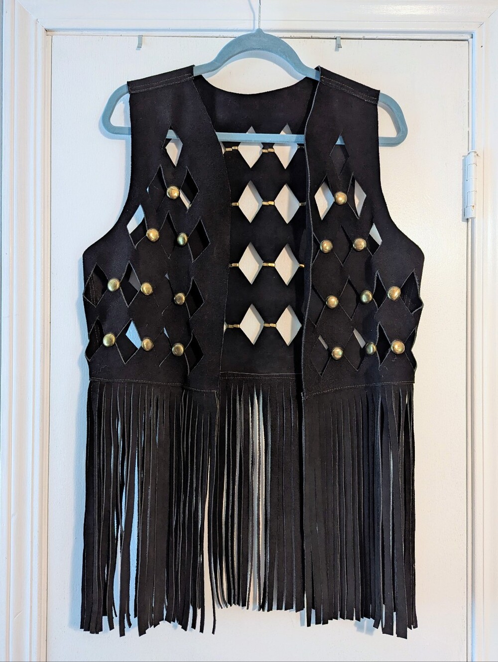 Vintage Black Suede Studded Fringed Vest